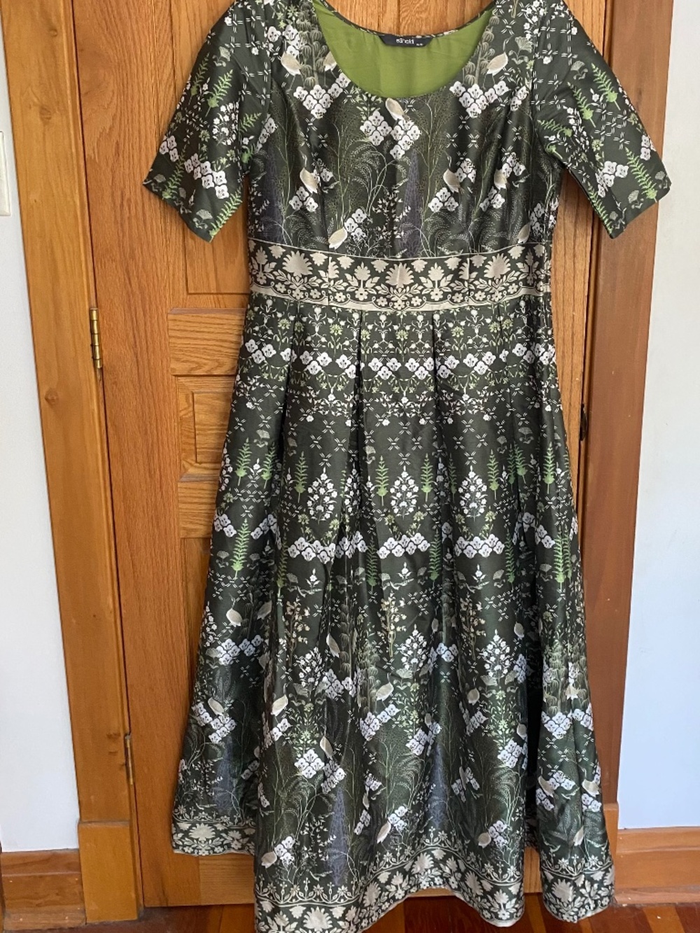 eShakti Size 18 Dark Green & Sage Bird Tile Dupioni Dress